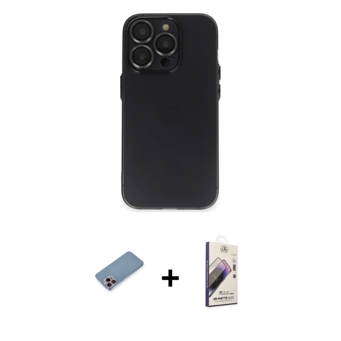 MARSİLYAN™- iPhone 13 Pro Max Kılıf Ufuk Minimal Özel Seri - Siyah Bilvis 3D Mat Cam Ekran Koruyucu + Shine Kamera Lens Koruma Cam - PE