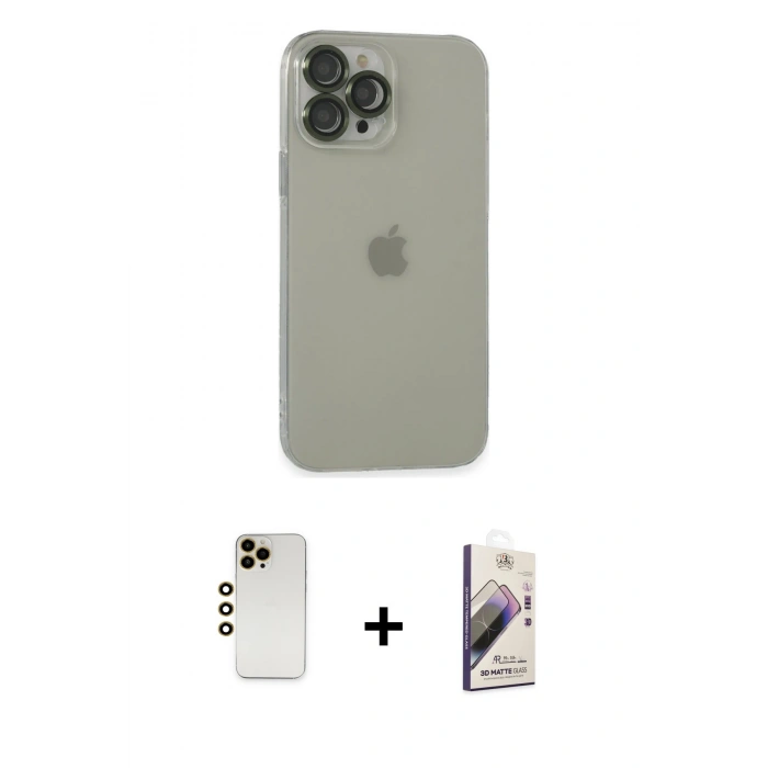 MARSİLYAN™- iPhone 13 Pro Max Kılıf Ufuk Minimal Özel Seri - Siyah Bilvis 3D Mat Cam Ekran Koruyucu + Shine Kamera Lens - GD
