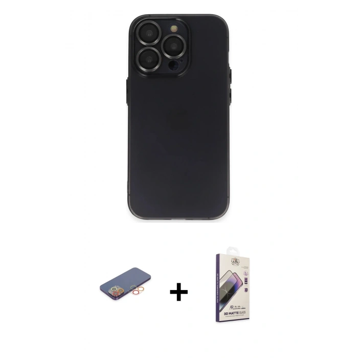 MARSİLYAN™- iPhone 13 Pro Max Kılıf Ufuk Minimal Özel Seri - Siyah Bilvis 3D Mat Cam Ekran Koruyucu + Renkli Kamera Lens Koruma Cam - TU