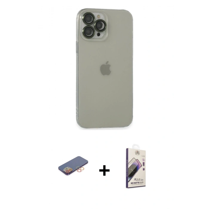 MARSİLYAN™- iPhone 13 Pro Max Kılıf Ufuk Minimal Özel Seri - Siyah Bilvis 3D Mat Cam Ekran Koruyucu + Renkli Kamera Lens Koruma Cam - TU