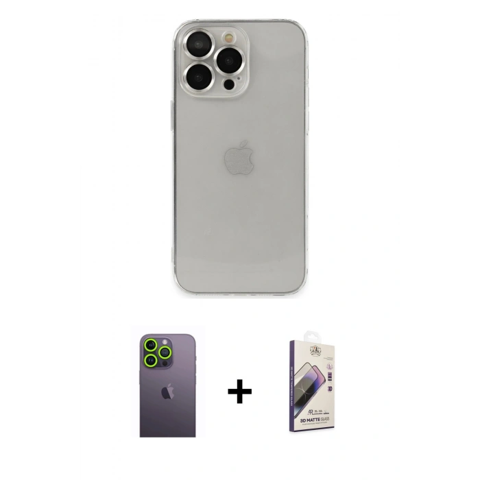 MARSİLYAN™- iPhone 13 Pro Max Kılıf Ufuk Minimal Özel Seri - Siyah Bilvis 3D Mat Cam Ekran Koruyucu + Yeşil Neon Fosforlu Kamera Lens