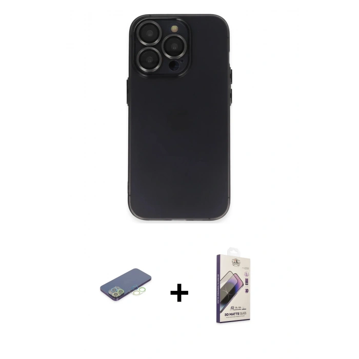 MARSİLYAN™- iPhone 13 Pro Max Kılıf Ufuk Minimal Özel Seri - Siyah Bilvis 3D Mat Cam Ekran Koruyucu + Yeşil Renkli Kamera Lens Koruma Cam