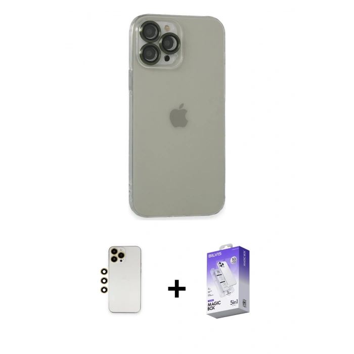 MARSİLYAN™- iPhone 13 Pro Max Kılıf Ufuk Minimal Özel Seri - Siyah Bilvis 5in1 3D Magic Cam Ekran Koruyucu + Shine Kamera Lens - GD