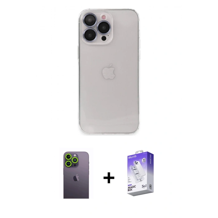 MARSİLYAN™- iPhone 13 Pro Max Kılıf Ufuk Minimal Özel Seri - Siyah Bilvis 5in1 3D Magic Cam Ekran Koruyucu + Neon Fosforlu Kamera Lens - YL
