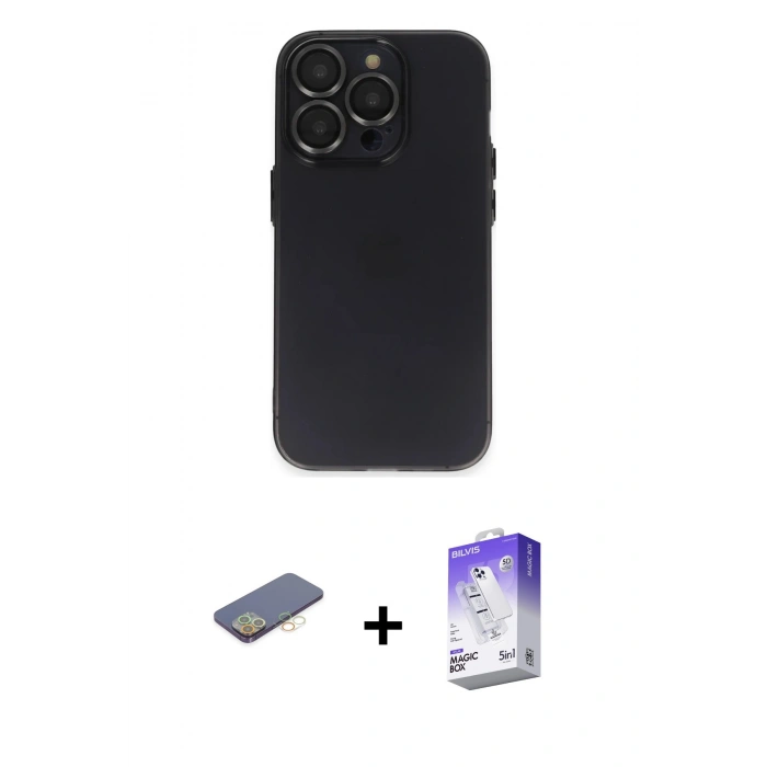 MARSİLYAN™- iPhone 13 Pro Max Kılıf Ufuk Minimal Özel Seri - Siyah Bilvis 5in1 3D Magic Cam Ekran Koruyucu + Sarı Renkli Kamera Lens Koruma Cam