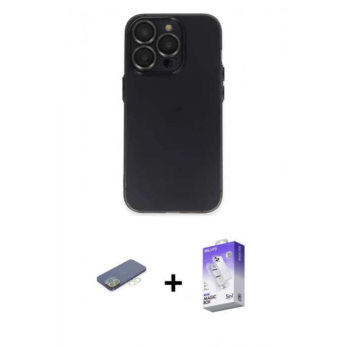 MARSİLYAN™- iPhone 13 Pro Max Kılıf Ufuk Minimal Özel Seri - Siyah Bilvis 5in1 3D Magic Cam Ekran Koruyucu + Renkli Kamera Lens Koruma Cam - YL