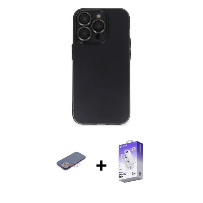 MARSİLYAN™- iPhone 13 Pro Max Kılıf Ufuk Minimal Özel Seri - Siyah Bilvis 5in1 3D Magic Cam Ekran Koruyucu + Renkli Kamera Lens Koruma Cam - PE