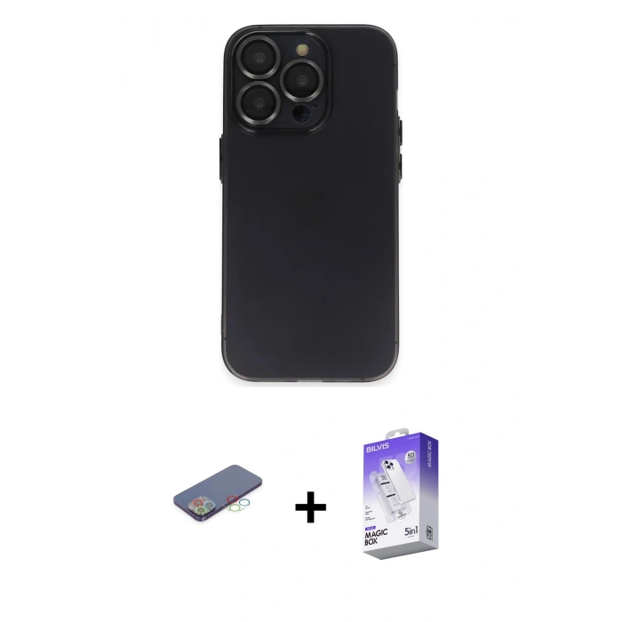 MARSİLYAN™- iPhone 13 Pro Max Kılıf Ufuk Minimal Özel Seri - Siyah Bilvis 5in1 3D Magic Cam Ekran Koruyucu + Mavi Renkli Kamera Lens Koruma Cam