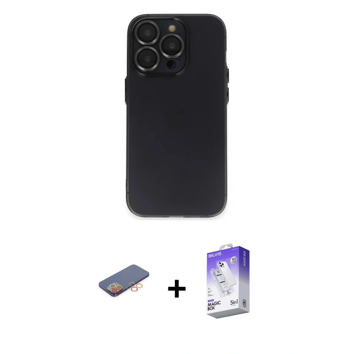 MARSİLYAN™- iPhone 13 Pro Max Kılıf Ufuk Minimal Özel Seri - Siyah Bilvis 5in1 3D Magic Cam Ekran Koruyucu + Renkli Kamera Lens Koruma Cam - TU