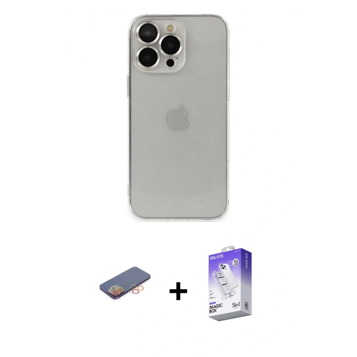 MARSİLYAN™- iPhone 13 Pro Max Kılıf Ufuk Minimal Özel Seri - Siyah Bilvis 5in1 3D Magic Cam Ekran Koruyucu + Renkli Kamera Lens Koruma Cam - TU