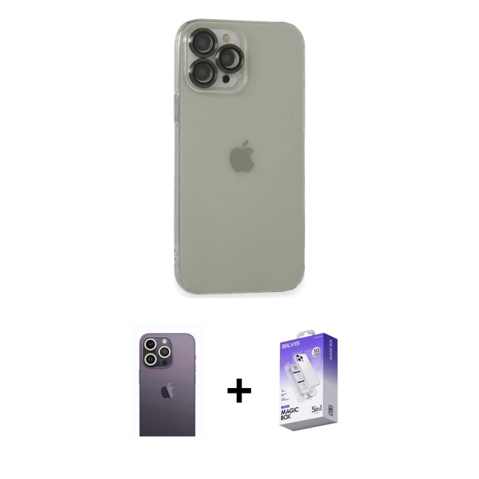 MARSİLYAN™- iPhone 13 Pro Max Kılıf Ufuk Minimal Özel Seri - Siyah Bilvis 5in1 3D Magic Cam Ekran Koruyucu + Neon Fosforlu Kamera Lens - BZ