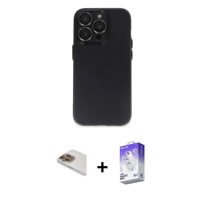 MARSİLYAN™- iPhone 13 Pro Max Kılıf Ufuk Minimal Özel Seri - Siyah Bilvis 5in1 3D Magic Cam Ekran Koruyucu + Pers Alüminyum Kamera Lens - GD