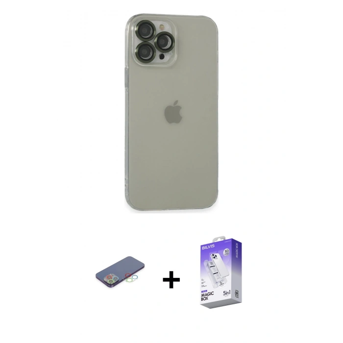 MARSİLYAN™- iPhone 13 Pro Max Kılıf Ufuk Minimal Özel Seri - Siyah Bilvis 5in1 3D Magic Cam Ekran Koruyucu + Mavi Renkli Kamera Lens Koruma Cam