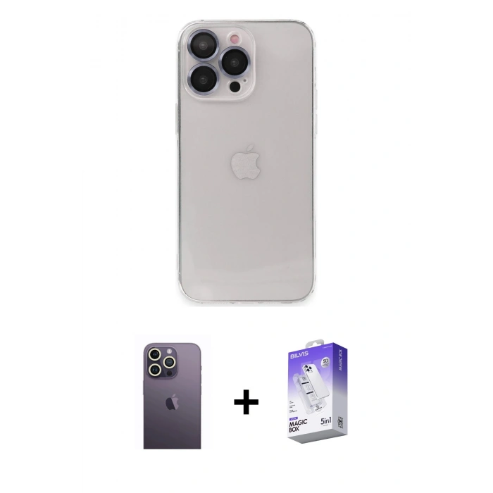 MARSİLYAN™- iPhone 13 Pro Max Kılıf Ufuk Minimal Özel Seri - Siyah Bilvis 5in1 3D Magic Cam Ekran Koruyucu + Neon Fosforlu Kamera Lens - BZ