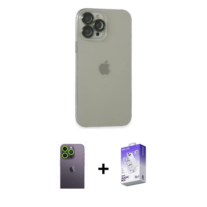 MARSİLYAN™- iPhone 13 Pro Max Kılıf Ufuk Minimal Özel Seri - Siyah Bilvis 5in1 3D Magic Cam Ekran Koruyucu + Neon Fosforlu Kamera Lens - YL