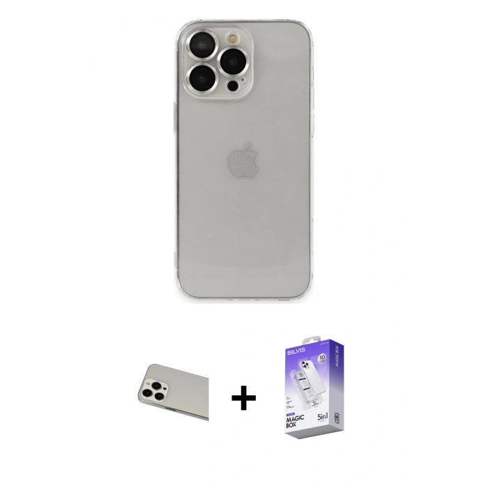 MARSİLYAN™- iPhone 13 Pro Max Kılıf Ufuk Minimal Özel Seri - Siyah Bilvis 5in1 3D Magic Cam Ekran Koruyucu + Rainbow Kamera Lens Koruma Cam - BZ