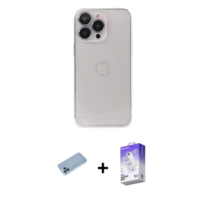MARSİLYAN™- iPhone 13 Pro Max Kılıf Ufuk Minimal Özel Seri - Siyah Bilvis 5in1 3D Magic Cam Ekran Koruyucu + Shine Kamera Lens Koruma Cam - MI