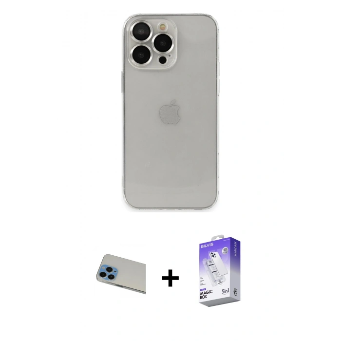 MARSİLYAN™- iPhone 13 Pro Max Kılıf Ufuk Minimal Özel Seri - Siyah Bilvis 5in1 3D Magic Cam Ekran Koruyucu + Rainbow Kamera Lens Koruma Cam - MI