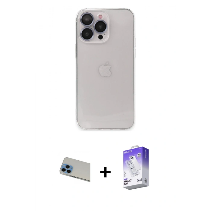 MARSİLYAN™- iPhone 13 Pro Max Kılıf Ufuk Minimal Özel Seri - Siyah Bilvis 5in1 3D Magic Cam Ekran Koruyucu + Rainbow Kamera Lens Koruma Cam - MI