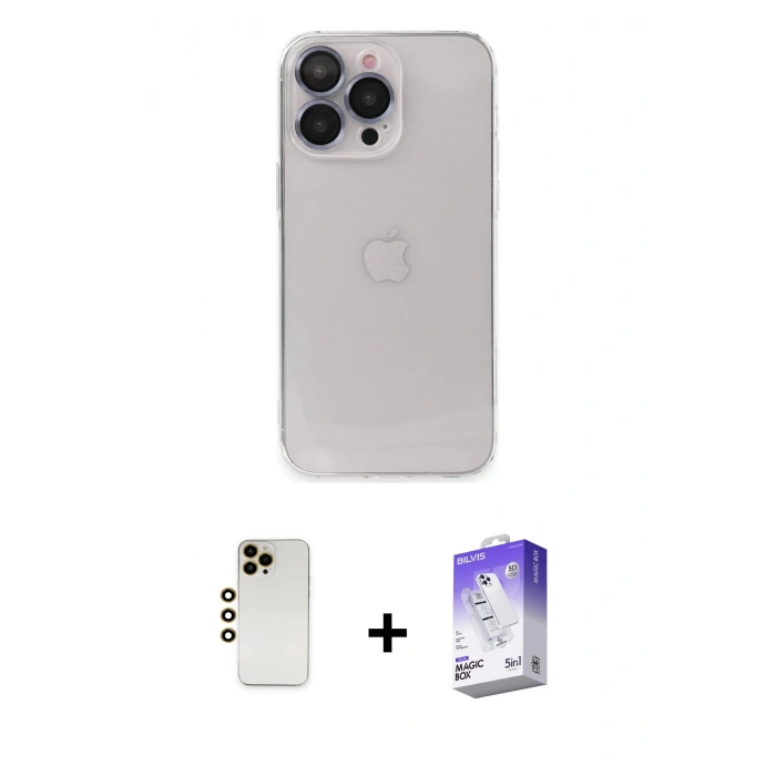 MARSİLYAN™- iPhone 13 Pro Max Kılıf Ufuk Minimal Özel Seri - Siyah Bilvis 5in1 3D Magic Cam Ekran Koruyucu + Shine Kamera Lens - GD