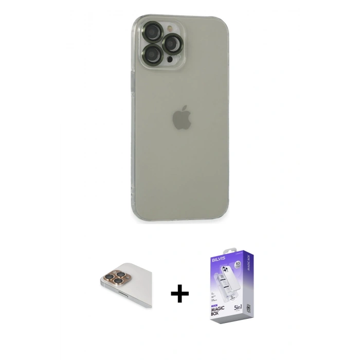 MARSİLYAN™- iPhone 13 Pro Max Kılıf Ufuk Minimal Özel Seri - Siyah Bilvis 5in1 3D Magic Cam Ekran Koruyucu + Pers Alüminyum Kamera Lens - GD