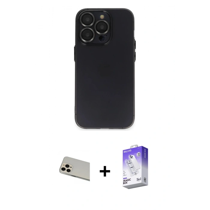 MARSİLYAN™- iPhone 13 Pro Max Kılıf Ufuk Minimal Özel Seri - Siyah Bilvis 5in1 3D Magic Cam Ekran Koruyucu + Rainbow Kamera Lens Koruma Cam - REGD