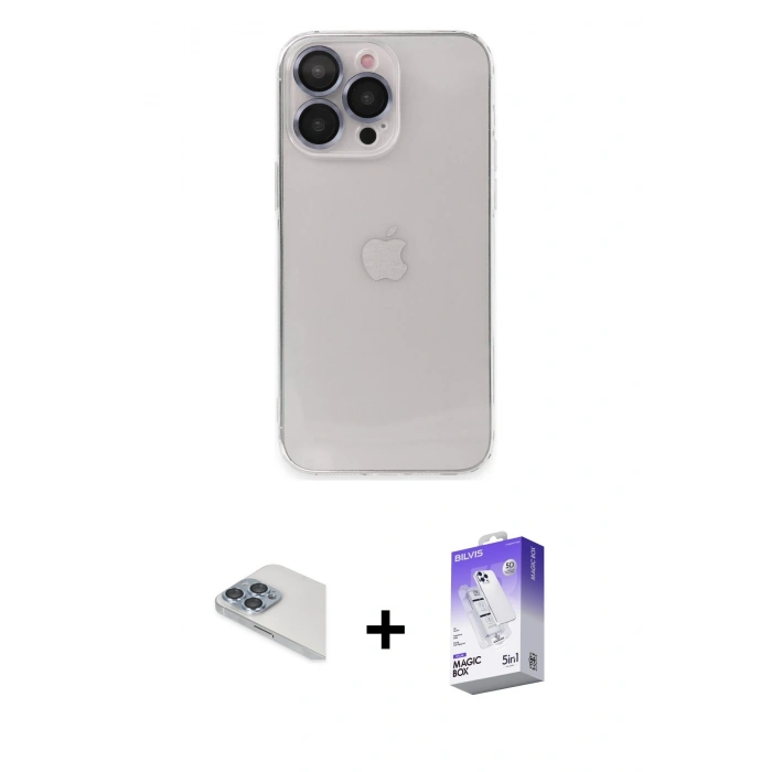MARSİLYAN™- iPhone 13 Pro Max Kılıf Ufuk Minimal Özel Seri - Siyah Bilvis 5in1 3D Magic Cam Ekran Koruyucu + Pers Alüminyum Kamera Lens - SABE