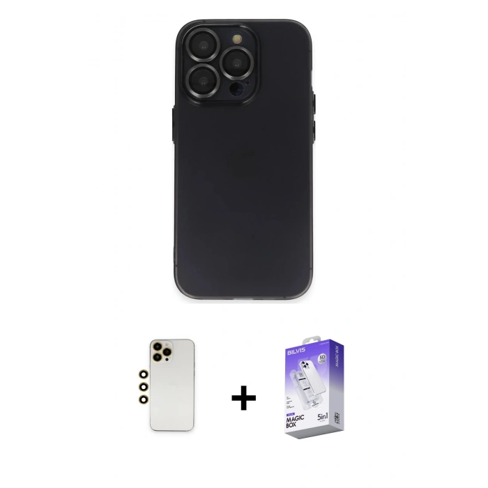 MARSİLYAN™- iPhone 13 Pro Max Kılıf Ufuk Minimal Özel Seri - Siyah Bilvis 5in1 3D Magic Cam Ekran Koruyucu + Shine Kamera Lens - GD