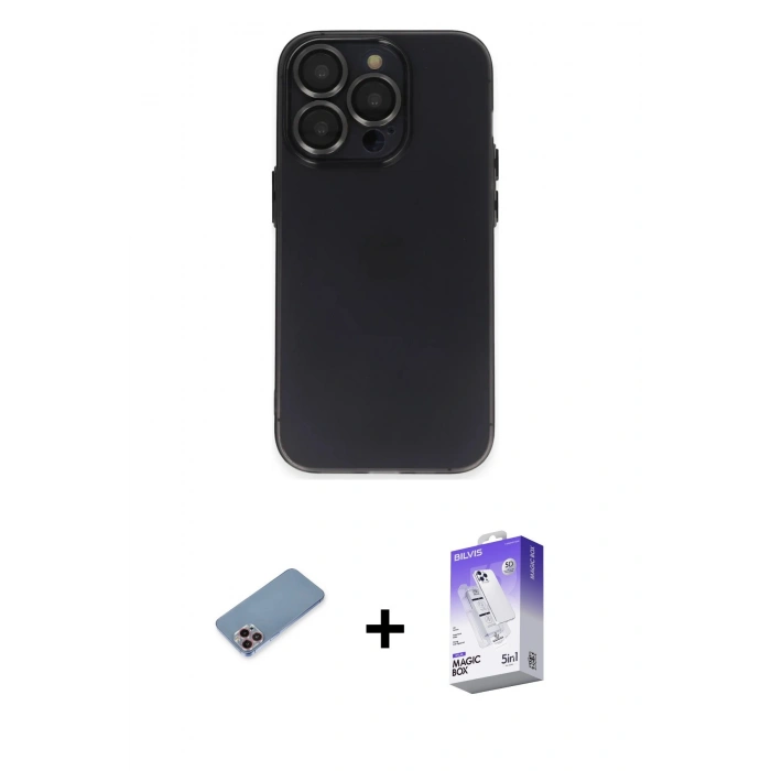 MARSİLYAN™- iPhone 13 Pro Max Kılıf Ufuk Minimal Özel Seri - Siyah Bilvis 5in1 3D Magic Cam Ekran Koruyucu + Shine Kamera Lens Koruma Cam - PE