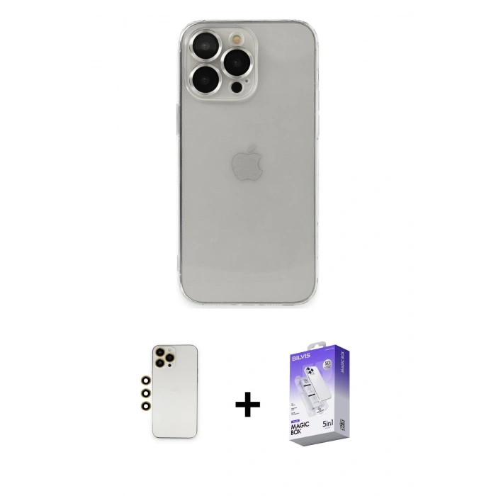 MARSİLYAN™- iPhone 13 Pro Max Kılıf Ufuk Minimal Özel Seri - Siyah Bilvis 5in1 3D Magic Cam Ekran Koruyucu + Shine Kamera Lens - GD