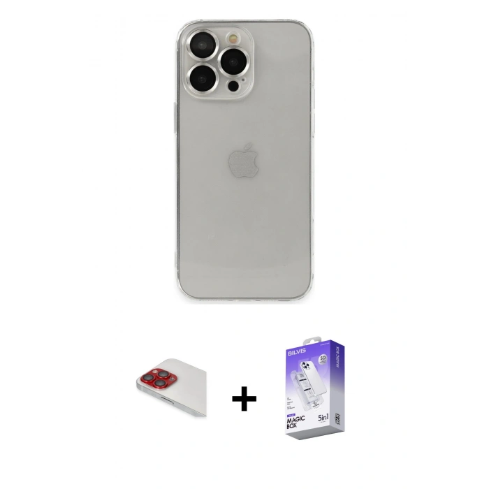 MARSİLYAN™- iPhone 13 Pro Max Kılıf Ufuk Minimal Özel Seri - Siyah Bilvis 5in1 3D Magic Cam Ekran Koruyucu + Pers Alüminyum Kamera Lens - KI