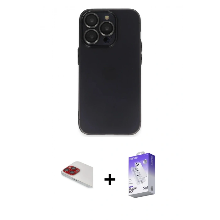 MARSİLYAN™- iPhone 13 Pro Max Kılıf Ufuk Minimal Özel Seri - Siyah Bilvis 5in1 3D Magic Cam Ekran Koruyucu + Pers Alüminyum Kamera Lens - KI
