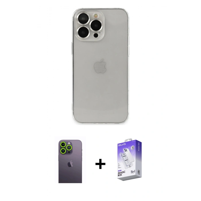 MARSİLYAN™- iPhone 13 Pro Max Kılıf Ufuk Minimal Özel Seri - Siyah Bilvis 5in1 3D Magic Cam Ekran Koruyucu + Neon Fosforlu Kamera Lens - YL