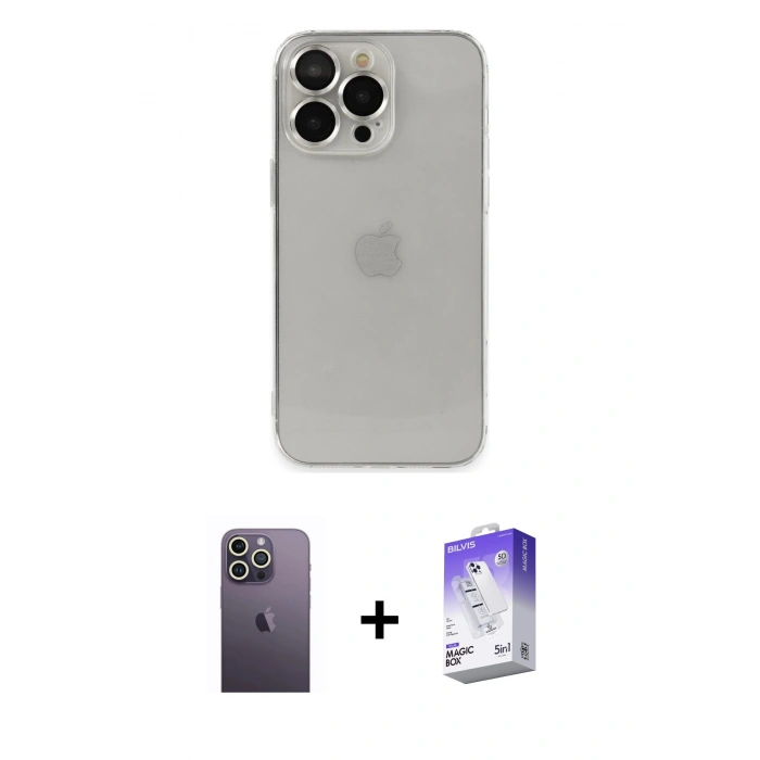 MARSİLYAN™- iPhone 13 Pro Max Kılıf Ufuk Minimal Özel Seri - Siyah Bilvis 5in1 3D Magic Cam Ekran Koruyucu + Neon Fosforlu Kamera Lens - BZ