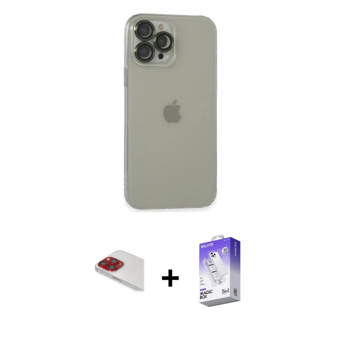 MARSİLYAN™- iPhone 13 Pro Max Kılıf Ufuk Minimal Özel Seri - Siyah Bilvis 5in1 3D Magic Cam Ekran Koruyucu + Pers Alüminyum Kamera Lens - KI