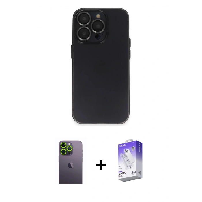 MARSİLYAN™- iPhone 13 Pro Max Kılıf Ufuk Minimal Özel Seri - Siyah Bilvis 5in1 3D Magic Cam Ekran Koruyucu + Neon Fosforlu Kamera Lens - YL