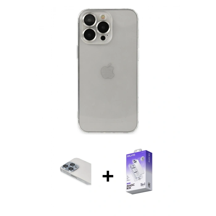 MARSİLYAN™- iPhone 13 Pro Max Kılıf Ufuk Minimal Özel Seri - Siyah Bilvis 5in1 3D Magic Cam Ekran Koruyucu + Pers Alüminyum Kamera Lens - SABE