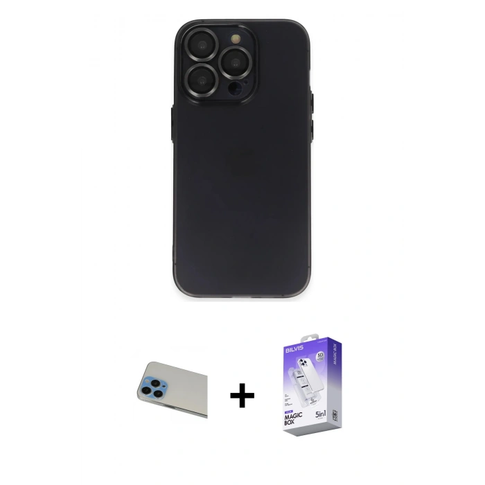 MARSİLYAN™- iPhone 13 Pro Max Kılıf Ufuk Minimal Özel Seri - Siyah Bilvis 5in1 3D Magic Cam Ekran Koruyucu + Rainbow Kamera Lens Koruma Cam - MI