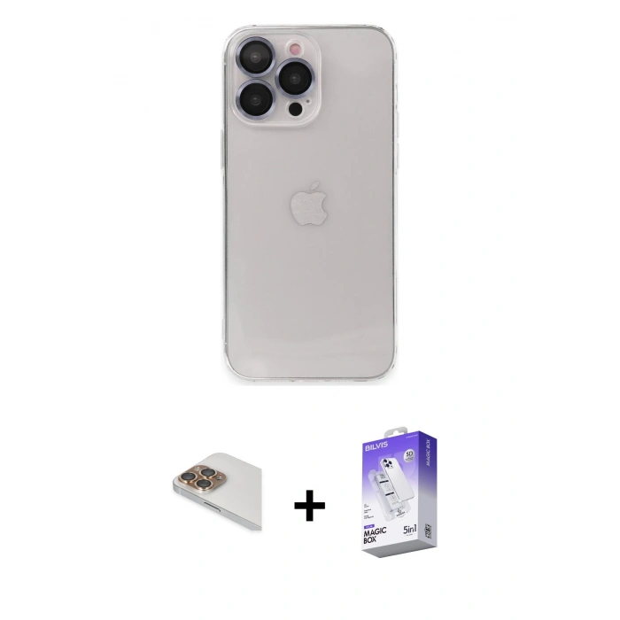 MARSİLYAN™- iPhone 13 Pro Max Kılıf Ufuk Minimal Özel Seri - Siyah Bilvis 5in1 3D Magic Cam Ekran Koruyucu + Pers Alüminyum Kamera Lens - GD