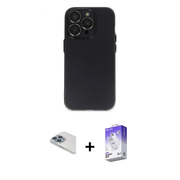MARSİLYAN™- iPhone 13 Pro Max Kılıf Ufuk Minimal Özel Seri - Siyah Bilvis 5in1 3D Magic Cam Ekran Koruyucu + Pers Alüminyum Kamera Lens - SABE