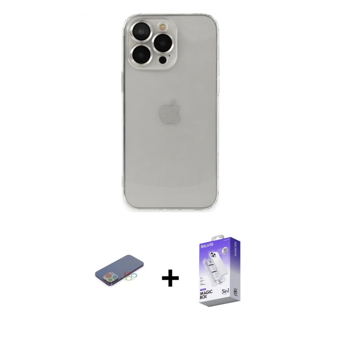 MARSİLYAN™- iPhone 13 Pro Max Kılıf Ufuk Minimal Özel Seri - Siyah Bilvis 5in1 3D Magic Cam Ekran Koruyucu + Mavi Renkli Kamera Lens Koruma Cam