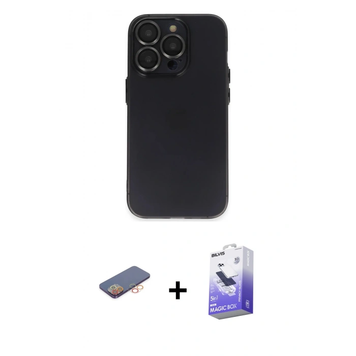 MARSİLYAN™- iPhone 13 Pro Max Kılıf Ufuk Minimal Özel Seri - Siyah Bilvis 5in1 5D Magic Hayalet Cam Ekran Koruyucu + Renkli Kamera Lens Koruma Cam - TU