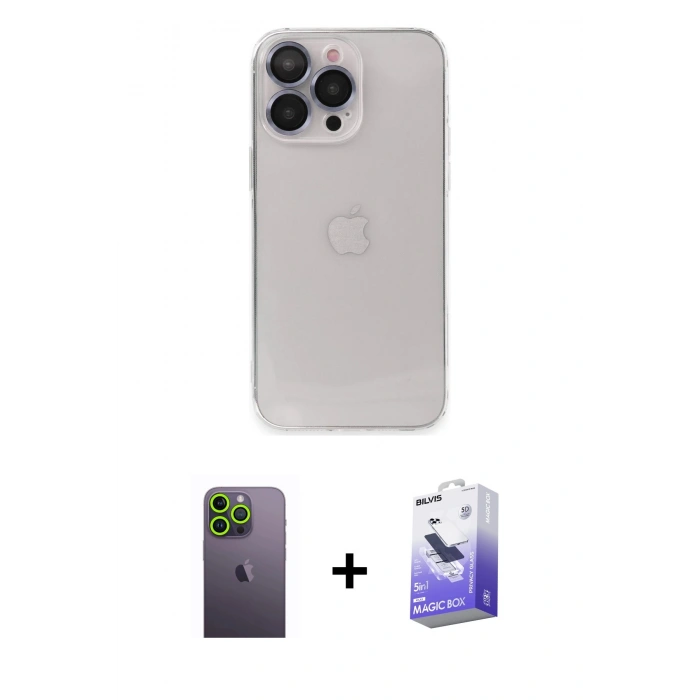 MARSİLYAN™- iPhone 13 Pro Max Kılıf Ufuk Minimal Özel Seri - Siyah Bilvis 5in1 5D Magic Hayalet Cam Ekran Koruyucu + Neon Fosforlu Kamera Lens - YL