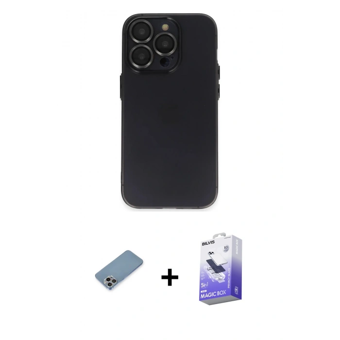 MARSİLYAN™- iPhone 13 Pro Max Kılıf Ufuk Minimal Özel Seri - Siyah Bilvis 5in1 5D Magic Hayalet Cam Ekran Koruyucu + Shine Kamera Lens Koruma Cam - GI