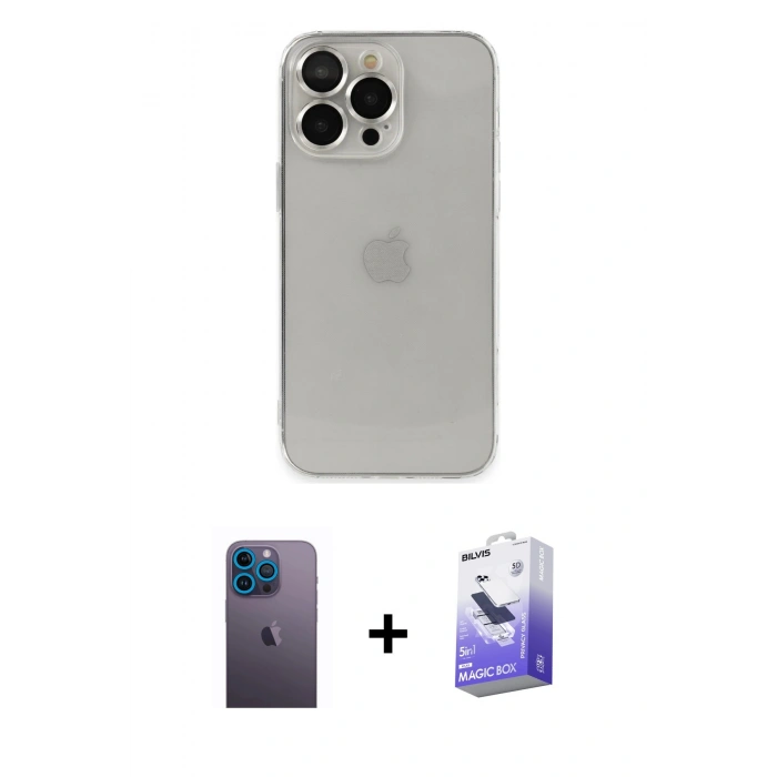 MARSİLYAN™- iPhone 13 Pro Max Kılıf Ufuk Minimal Özel Seri - Siyah Bilvis 5in1 5D Magic Hayalet Cam Ekran Koruyucu + Neon Fosforlu Kamera Lens - MI