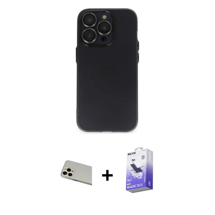 MARSİLYAN™- iPhone 13 Pro Max Kılıf Ufuk Minimal Özel Seri - Siyah Bilvis 5in1 5D Magic Hayalet Cam Ekran Koruyucu + Rainbow Kamera Lens Koruma Cam - REGD