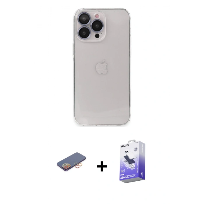 MARSİLYAN™- iPhone 13 Pro Max Kılıf Ufuk Minimal Özel Seri - Siyah Bilvis 5in1 5D Magic Hayalet Cam Ekran Koruyucu + Renkli Kamera Lens Koruma Cam - TU