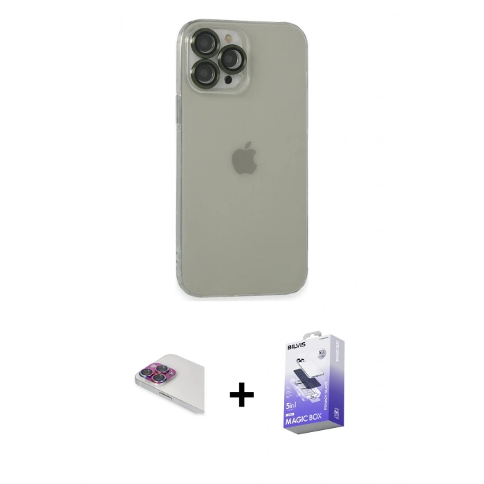MARSİLYAN™- iPhone 13 Pro Max Kılıf Ufuk Minimal Özel Seri - Siyah Bilvis 5in1 5D Magic Hayalet Cam Ekran Koruyucu + Pers Alüminyum Kamera Lens - GI