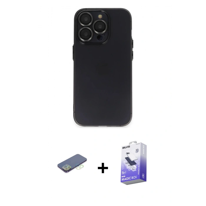 MARSİLYAN™- iPhone 13 Pro Max Kılıf Ufuk Minimal Özel Seri - Siyah Bilvis 5in1 5D Magic Hayalet Cam Ekran Koruyucu + Renkli Kamera Lens Koruma Cam - YL