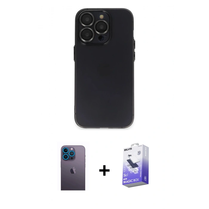 MARSİLYAN™- iPhone 13 Pro Max Kılıf Ufuk Minimal Özel Seri - Siyah Bilvis 5in1 5D Magic Hayalet Cam Ekran Koruyucu + Neon Fosforlu Kamera Lens - MI